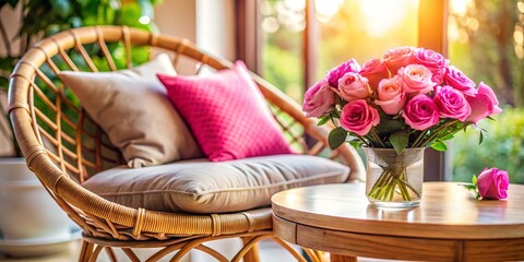 Cozy Rattan Chair with Soft Cushion, Pink Roses Bouquet, and Round Wooden Table - Long Exposure Photography for Relaxation and Home Decor Inspiration