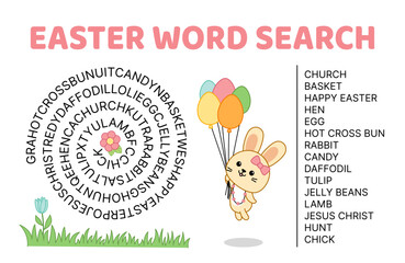 Spiral. Word search game puzzle for kids. Easter. English words. Cartoon, vector.