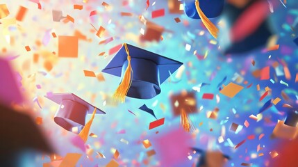 A celebratory image featuring three graduation caps, falling through the air with confetti.