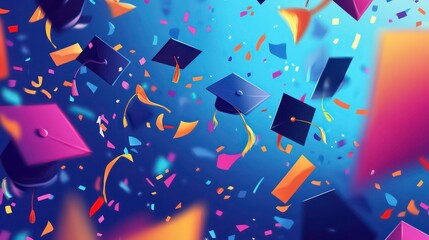 A blue background with colorful confetti and graduation caps falling, representing celebration and success.