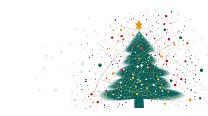 Stylish Christmas Tree with Green Branches and Colorful Dots in Red, Yellow, and White, Connected by Lines on a White Background for a Modern Holiday Feel.