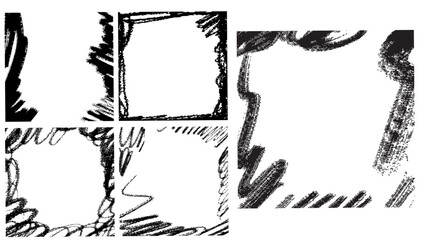 Obraz premium Grunge Ink Crayon Texture Frame set brush strokes or childish doodle waves halftone sand particles border