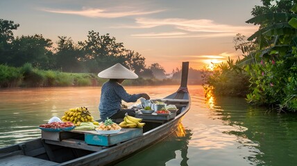 Obraz premium Colorful Fruit Vendor on a Traditional Boat at Sunrise: Captivating Scene of Local Markets Reflecting Culture and Nature along a Serene River