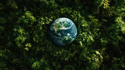 A miniature globe sits in the middle of a lush green forest, symbolizing the importance of protecting our planet.