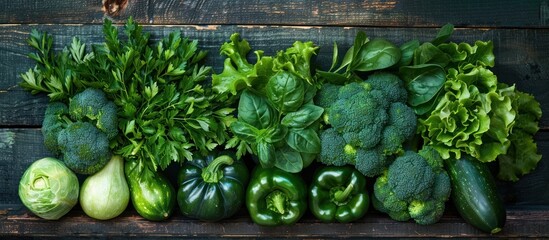 Assortment of Fresh and Healthy Green Vegetables including Broccoli Lettuce Spinach and Kale Arranged on a Rustic Wooden Surface  Concept of Organic Plant Based and Nutrient Rich Eating for a Clean