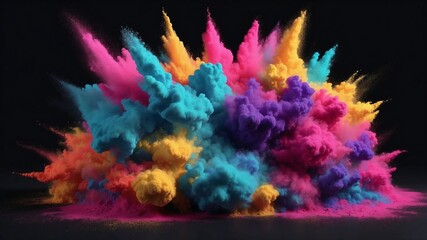 Colorful explosion of vibrant powder clouds on black background