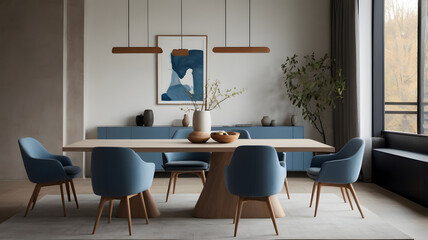 minimalist interior design of modern living room. Dining room with blue dining table and stylish chairs.