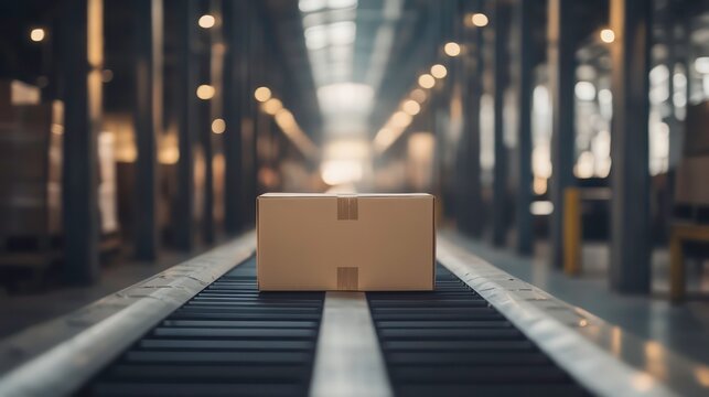 A cardboard box moves along a conveyor belt in a warehouse.