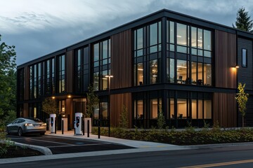 Front view of a modern office building with dark wood and black metal exteriors, large windows, and adjacent electric car charging station, in  format