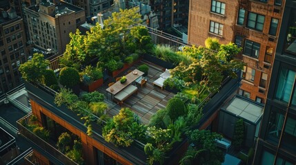 Lush green rooftop garden in modern urban apartment provides a tranquil outdoor oasis featuring a variety of plants trees