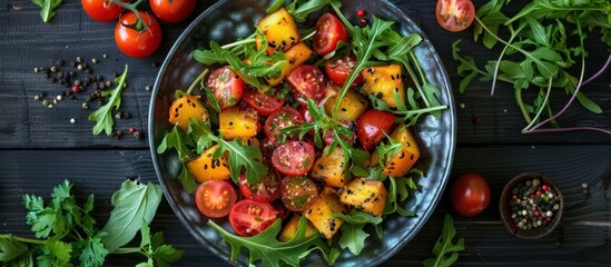 Colorful and Nourishing Vegetable Salad Dish on Wooden Table  Healthy Fresh and Organic Ingredients Including Tomatoes Spinach Herbs and Spices