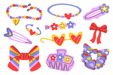Kid brightly colored accessories set. Cartoon drawing of accessories for children isolated on white background. Fashion, childrens shopping concept. Vector flat illustration