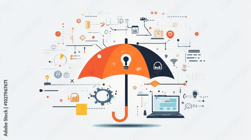 Poster an umbrella with a lightbulb underneath it, surrounded by icons representing business processes and 