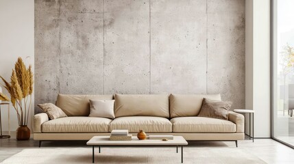 Full ultra HD view of a modern living room with a beige sofa, coffee table, and a minimalist concrete wall