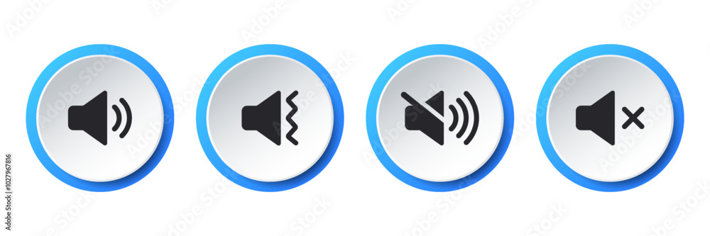 Poster Speaker and sound icon. Computer voice icon. Megaphone and music icon. Sound pictogram. Musical note. Audio sign. UI UX element. Sound button. Audio system, noise with soft UI, push button.