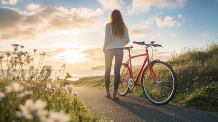 Obraz premium A woman stands by her red bicycle, enjoying a beautiful sunset view by the ocean. Nature surrounds her, creating a peaceful moment.