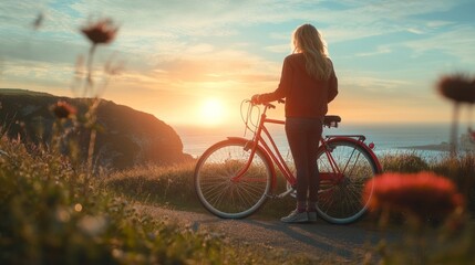 Obraz premium A woman enjoys a sunset view while standing beside her bike on a peaceful trail. Nature and tranquility surround her.