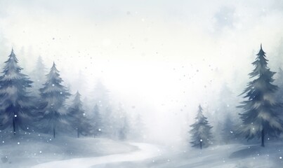 Fototapeta premium A Serene Snowy Landscape with Pine Trees and Falling Snow in Soft Watercolor Style Against a Light Gray Background, Evoking Calmness and Tranquility.