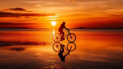 Fototapeta premium Silhouette of a cyclist riding through a sunset reflecting on calm water, creating a serene and peaceful atmosphere in nature.
