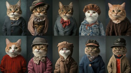 A collage of ten photographs featuring cats dressed in various vintage outfits, including hats, scarves, and sweaters.