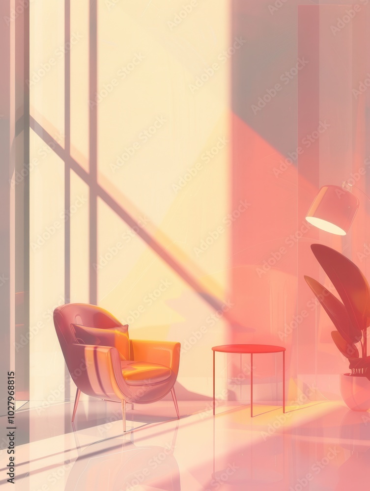 Poster A serene arrangement features silhouettes of an armchair, table, and lamp, creating a peaceful atmosphere on a soft gradient background. Generative AI
