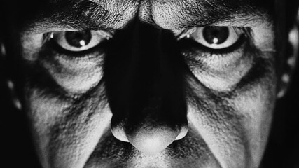 An extreme close-up of human eyes in black and white, with deep shadows and intense detail. 