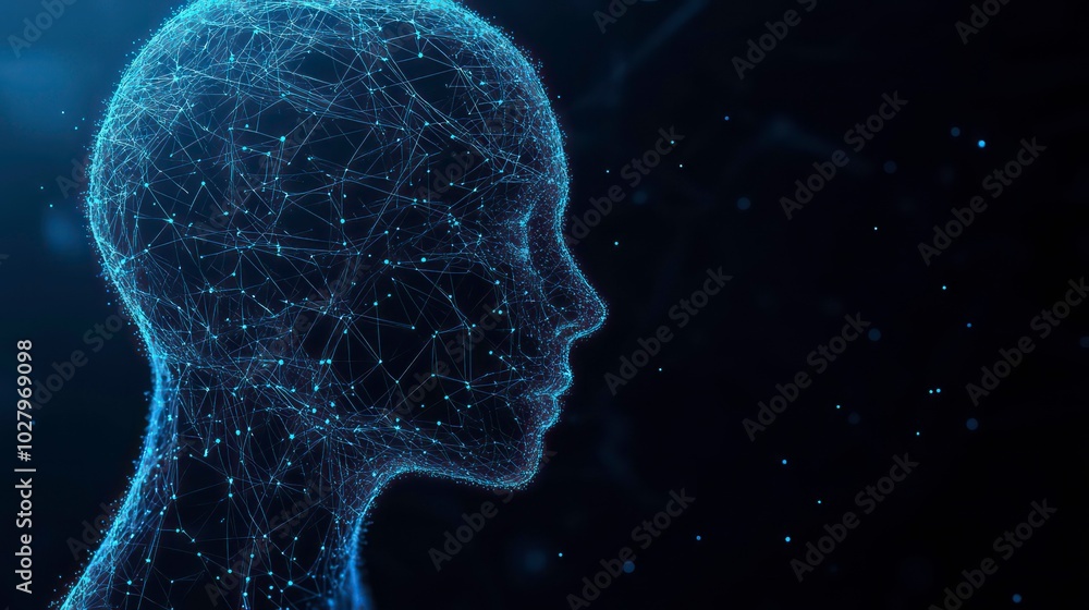 Poster a digital rendering of a human head, made up of connected lines and dots, represents artificial inte