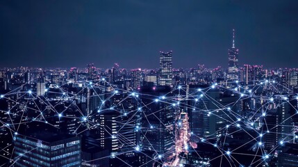 A nighttime aerial view of a futuristic city skyline with glowing lines connecting buildings, representing the interconnectedness of the modern world.