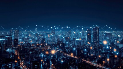 Night cityscape with glowing lights and connecting lines, symbolizing technology and connectivity.