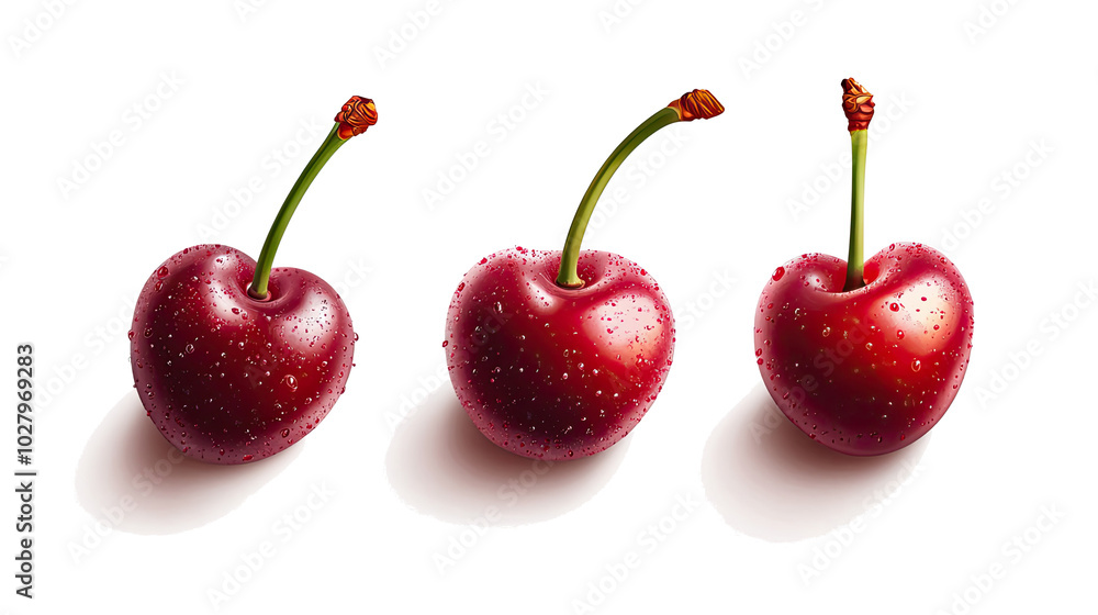 Poster fresh cherries displayed in a row against a plain white background generative ai