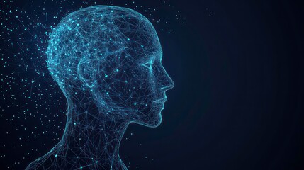 Obraz premium A digital rendering of a human head, made up of connected lines and points, on a dark blue background.