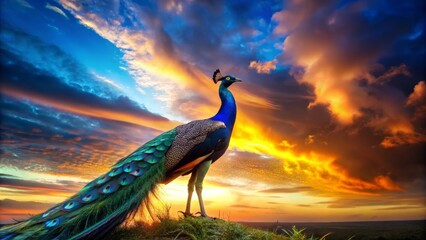 Stunning Silhouette of an Indian Peacock with Iridescent Blue Plumage Against a Sunset Background