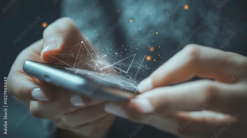 Aufkleber a person's hands hold a smartphone with a geometric pattern and glowing particles emanating from the