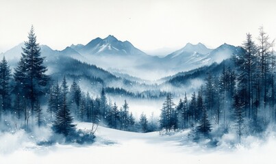 Fototapeta premium A Serene Snowy Landscape with Pine Trees and Falling Snow in Soft Watercolor Style Against a Light Gray Background, Evoking Calmness and Tranquility.