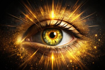 Surreal Golden Eye with Sunburst Effects on Textured Black Background - Artistic Expression and Bold Design