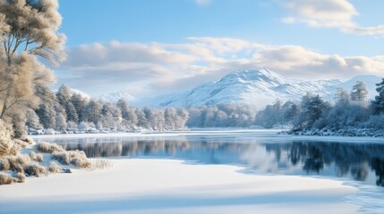 Majestic snowy landscape with a serene lake and mountains in the distance, reflecting the clear blue sky above.