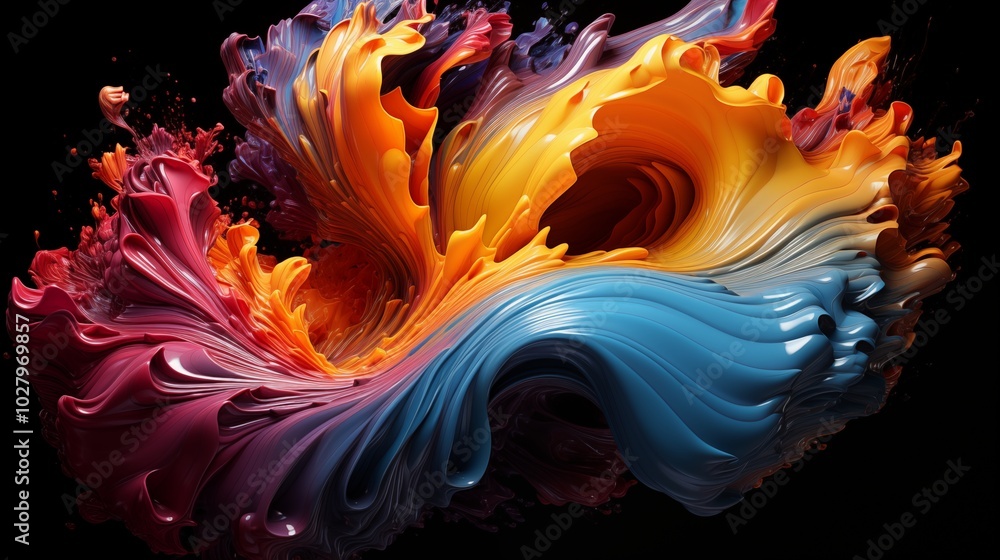 Poster abstract circle liquid motion flow explosion. curved wave colorful pattern with paint drops on black
