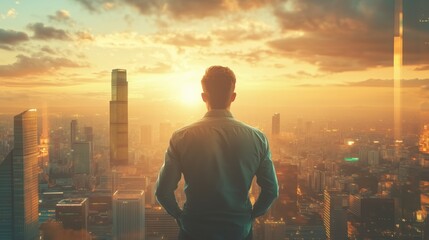 Visionary Entrepreneur Overlooking City Skyline at Sunrise