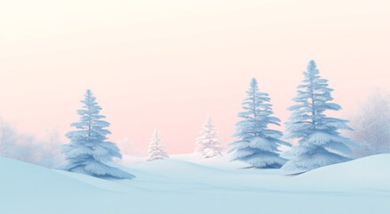 Fototapeta premium A Tranquil Snowy Landscape with Pine Trees in Soft Pastel Colors, Featuring a Gentle Gradient Background of Light Pink and Sky Blue.
