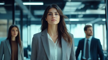 Obraz premium Confident Female Leader Walking Through Office with Team in Background