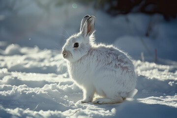 Photo of a white rabbit in the snow. Animals in the winter.