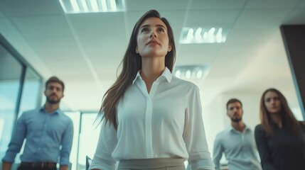 Obraz premium Confident Female Leader Walking with Team in Modern Office Setting