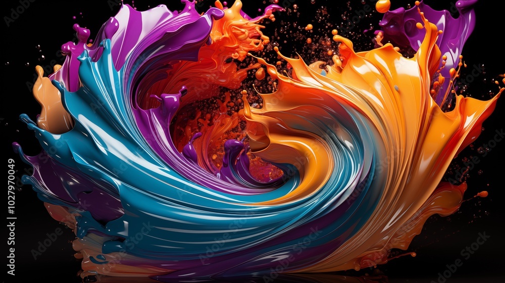 Poster abstract circle liquid motion flow explosion. curved wave colorful pattern with paint drops on black