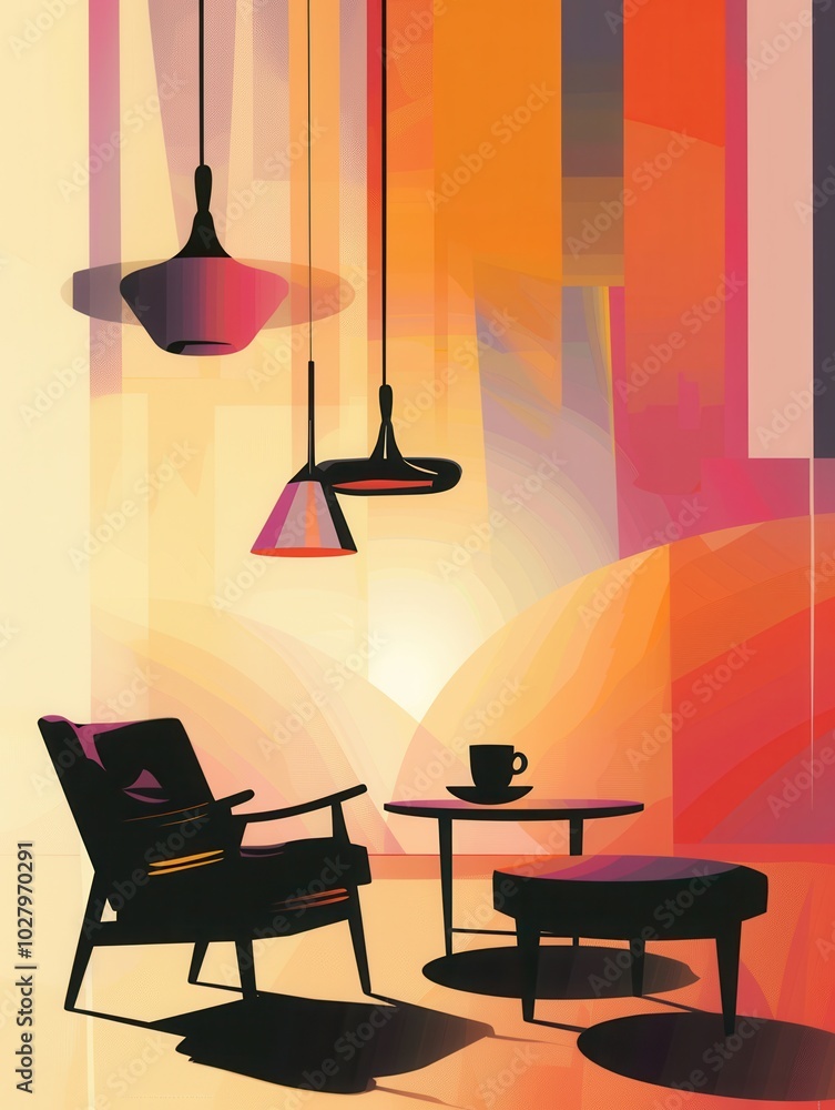 Poster silhouettes of stylish furniture pieces create a warm atmosphere in a bright gradient setting, invit