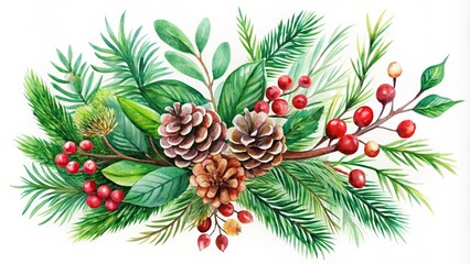 Fototapeta premium Watercolor Green Trees and Leaves with Colorful Berries and Cones for Holiday Greeting Card Design | Happy New Year and Christmas Patterns for Print and Wallpaper