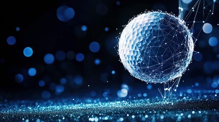 A golf ball made of lines and points on a dark blue background with bokeh lights.