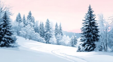 Naklejka premium A Tranquil Snowy Landscape with Pine Trees in Soft Pastel Colors, Featuring a Gentle Gradient Background of Light Pink and Sky Blue.