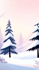 Obraz premium A Tranquil Snowy Landscape with Pine Trees in Soft Pastel Colors, Featuring a Gentle Gradient Background of Light Pink and Sky Blue.