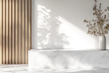 High-resolution image of a minimalist office reception with a white wall for mockups, marble surface, and wooden accents in a  aspect ratio