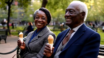 Happy African American senior couple eating ice cream at the park - Powered by Adobe